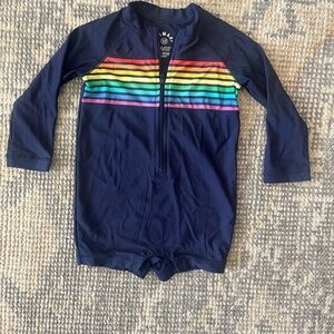 Primary Navy long sleeve Swimsuit with Colorful Stripes. 12-18 months. EUC